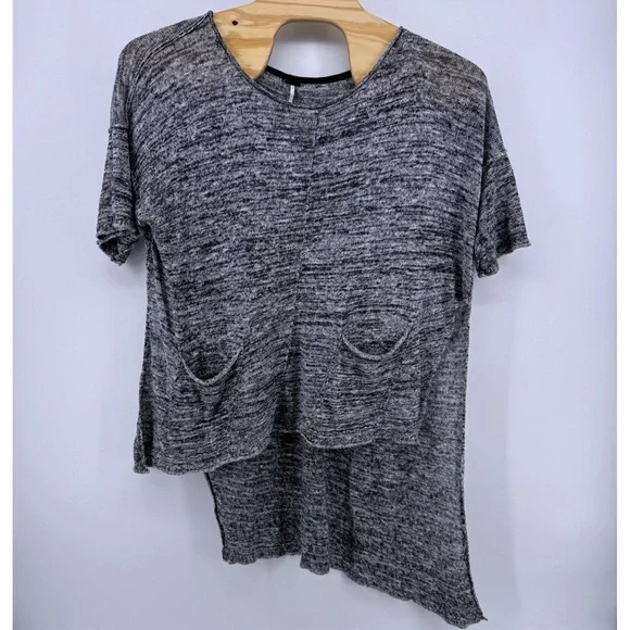Free People Womens Large Beach Asymmetrical High Low Knit Top Blue Marl Pockets - Picture 2 of 8